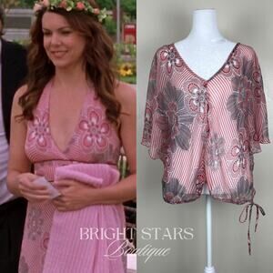 Rare Pink Silk Floral Top ALT ASO Lorelai Gilmore Girls Patterned V-Neck Y2K VTG